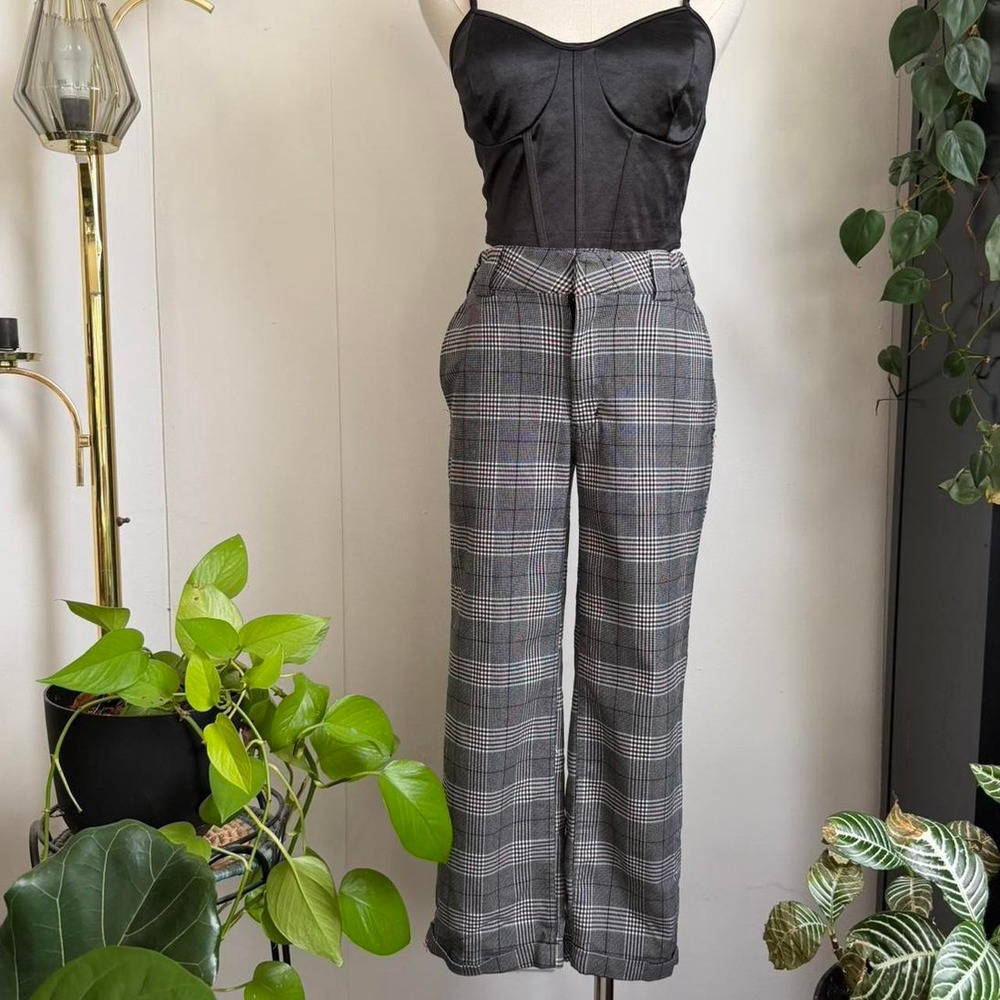 Dickies Womens Plaid Wide Leg Cropped Trousers Gray Burgundy Size 1 XS
